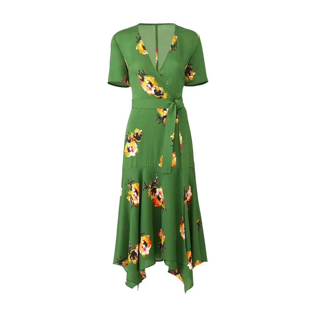 A.L.C. 100% Silk Cora Wrap Dress Green Floral Tie V-Neck SS Women's Size 4 ALC - Picture 4 of 16